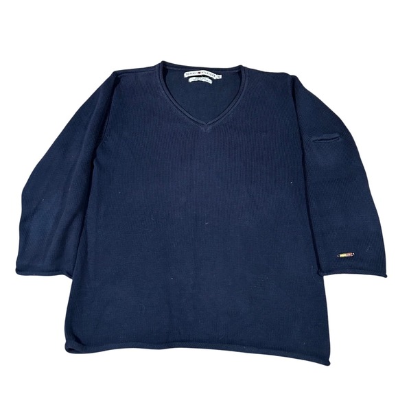 Vintage Tommy Hilfiger Navy Blue Knit V-Neck Sweater Pullover Top Womens S/P - Picture 1 of 8